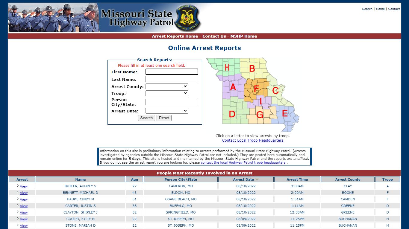 Missouri State Highway Patrol - Arrest Reports